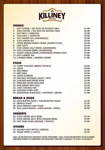 Killiney Kopitiam Menu